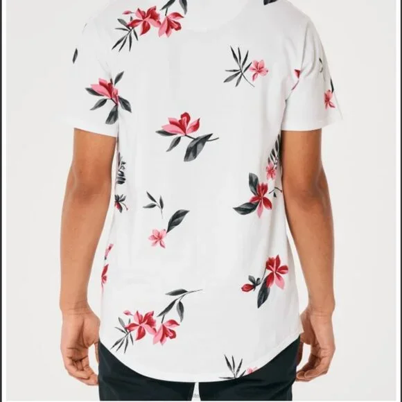 Hollister Men Longline Curved Hem Floral Pattern White Short Sleeve T-Shirt - XS - Picture 4 of 10